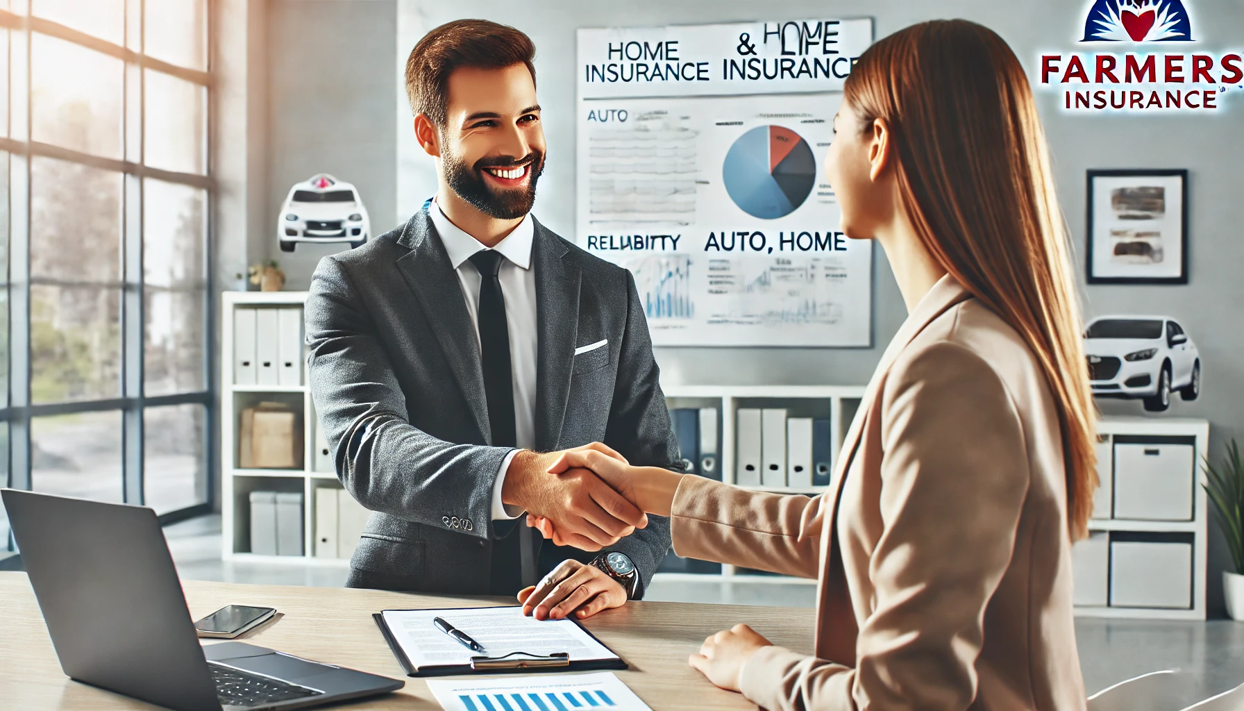 Farmers Insurance agent shaking hands with a client, symbolizing trust and security in insurance services